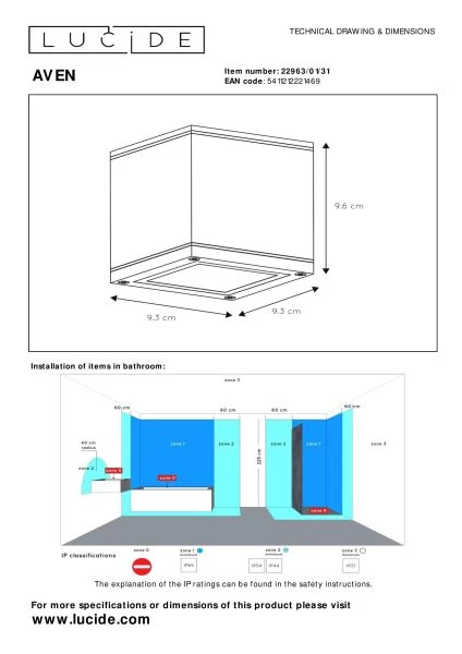 Lucide AVEN - Deckenstrahler Badezimmer - 1xGU10 - IP65 - Weiß - TECHNISCH